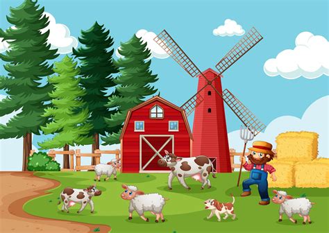 Farmer with animal farm in farm scene in cartoon style 1482356 Vector ...