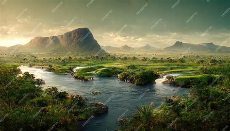 Premium Photo | Landscape of africa with a pond trees and mountains on ...