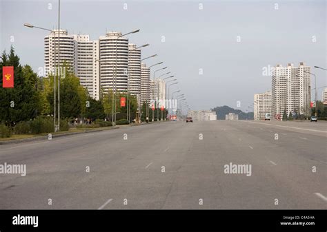 Empty streets in Pyongyang, North Korea (DPRK). Avenue and road with no ...