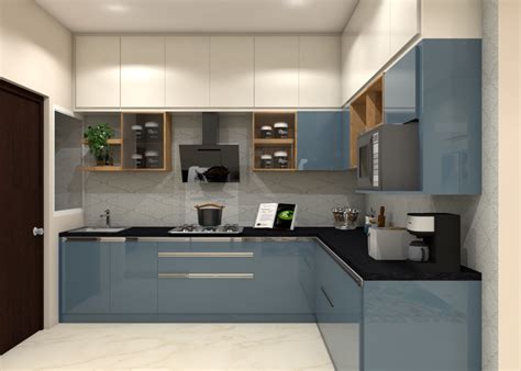 Modern L-Shaped Kitchen Design with Blue Cabinets and Black Countertops