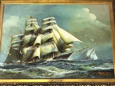 Large Antique Marine Clipper Ship High Seas Oil Painting Signed Conrad ...