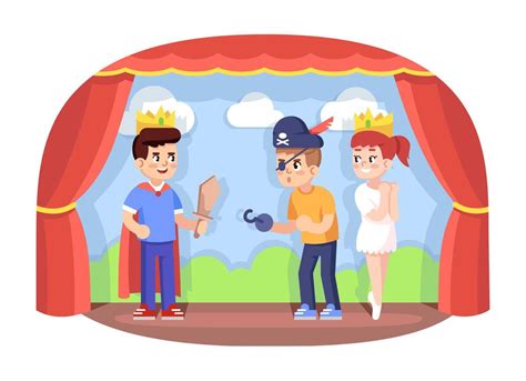 Children drama club flat vector illustration. School play. Young ...