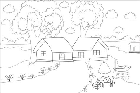 Easy Landscape Village Scenery Drawing Graphic by COLORART · Creative ...