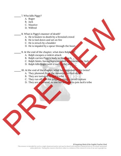 Lord of the Flies Chapter 11 Quiz and Answer Key | Teaching Resources