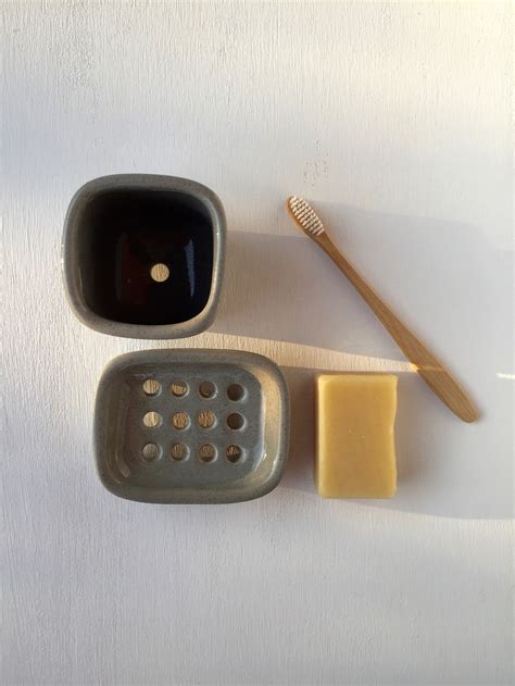 Ceramic Soap Dish and Toothbrush Holder Set / Gray Bathroom - Etsy