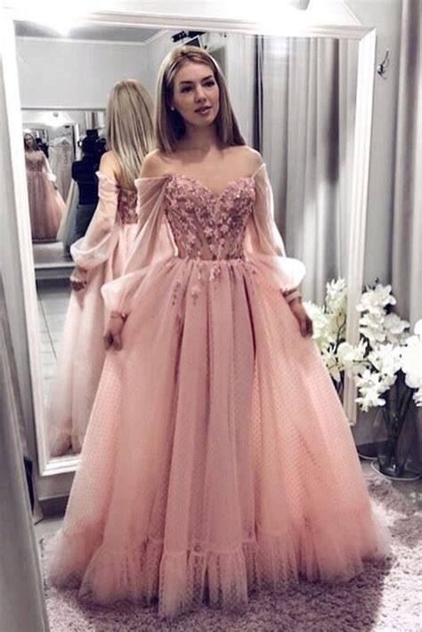 Blush Pink Prom Dresses With Long Sleeves, A Line Elegant Evening Dres ...