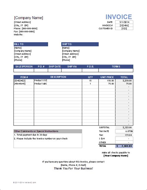 Sales Invoice Template for Excel