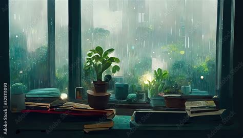 Lofi empty interior. Window view of a rainy day, anime, manga style ...