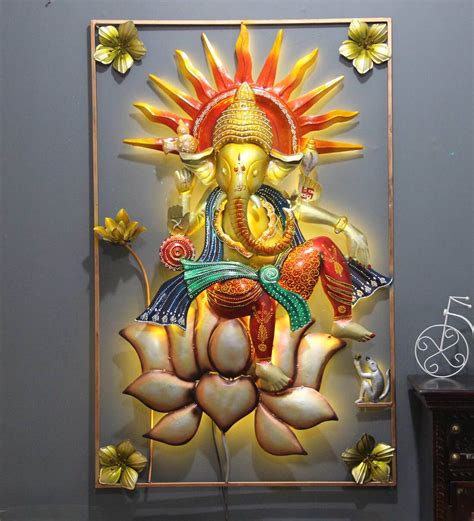 Buy Iron Lord Ganesha Wall Art With LED In Yellow By Malik Design ...