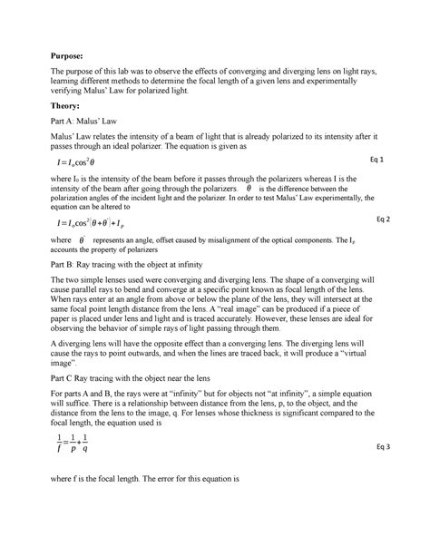 Ray optics - lab - Purpose: The purpose of this lab was to observe the ...