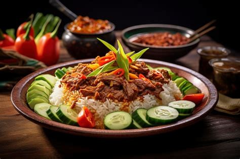 Premium AI Image | Spicy and flavorful nasi padang with beef background