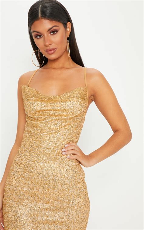 Gold Glitter Strappy Bodycon Dress | Dresses | PrettyLittleThing AUS