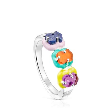 Silver TOUS Vibrant Colors Ring with bear charm in gemstones and enamel ...