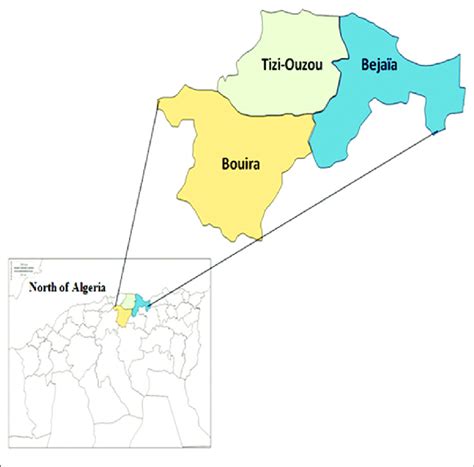 Map of the study area (Bouira, Tizi-Ouzou, and Béjaia). [Source ...