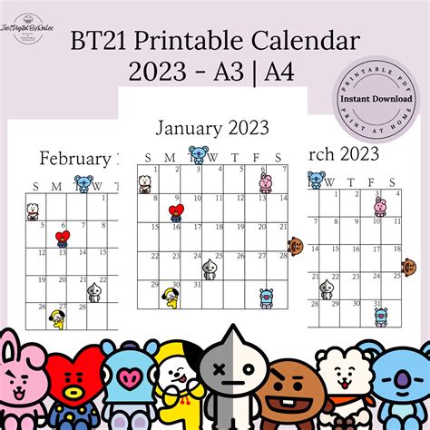 2023 BT21 Printable Calendar BTS Calendar Monthly Calendar - Etsy