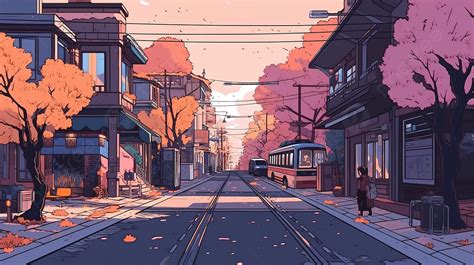 An Anime Styled Illustration Of An Autumn Street With Vehicles ...