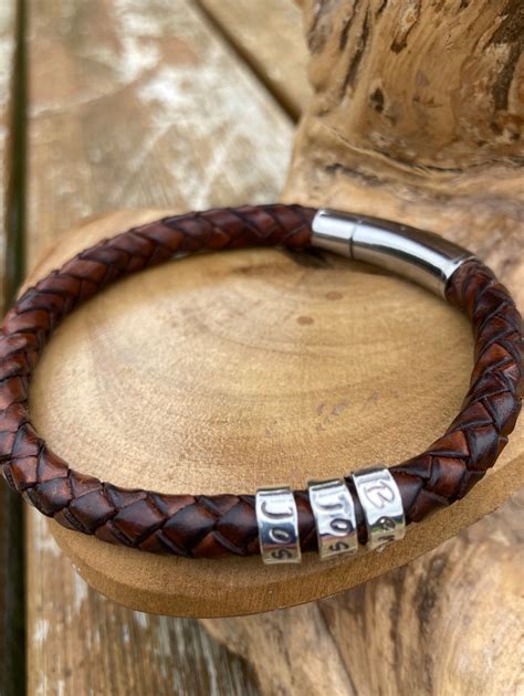 Mens leather braided antique brown cuff bracelet with personalised ...