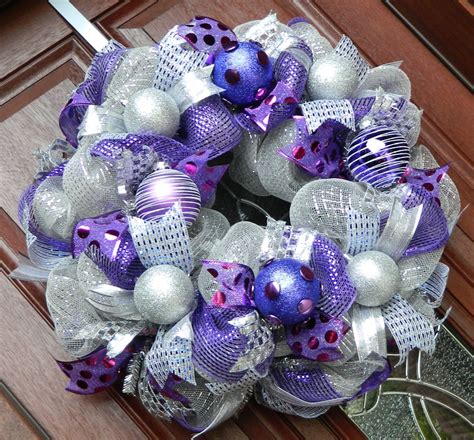 Deco Mesh Christmas Wreath Silver Purple Christmas Wreath | Etsy