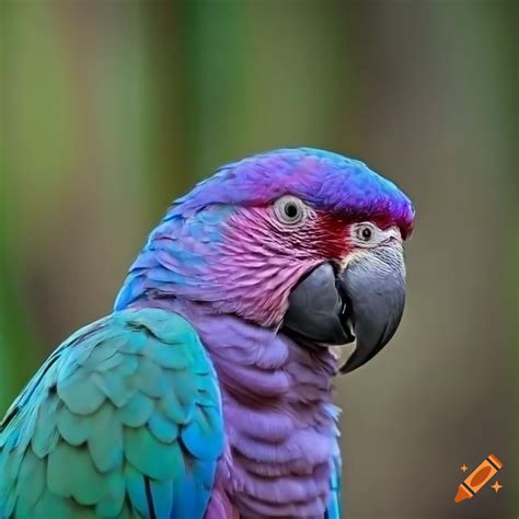 Close-up of a purple parrot with blurred jungle background on Craiyon