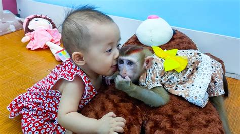 Baby Diem shows affection to KaKa monkey with a kiss - YouTube