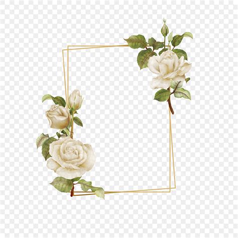 Cadre De Mariage En Or Dessiné à La Main Avec Des Roses Blanches PNG ...