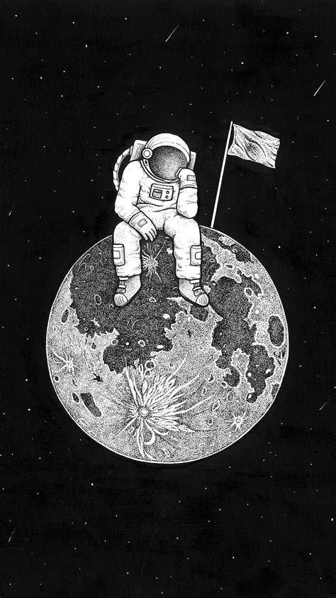 Astronaut Sad on Moon, bnw, drawing, planet, art, space, black and ...