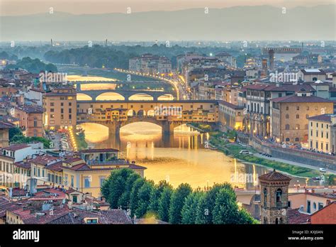 Florence sunset city skyline and Ponte Vecchio Bridge, Florence, Italy ...