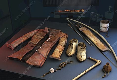 Otzi the Iceman's clothing and tools, illustration - Stock Image - C045 ...