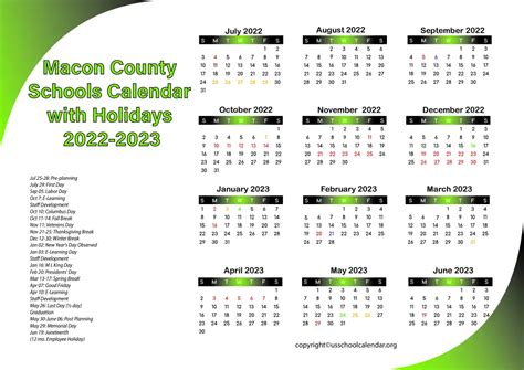 Macon County Schools Calendar with Holidays 2023