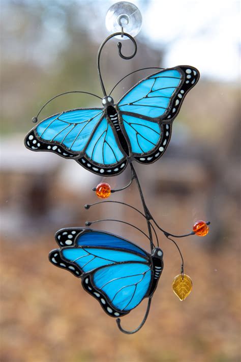 Blue Morpho butterflies stained glass suncatcher