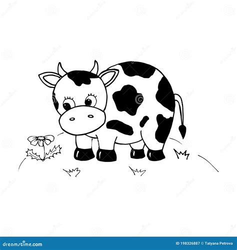 Cow. Cute Cow in the Meadow. Character in Cartoon Style. Black and ...