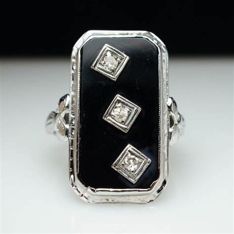 HOLIDAY SALE Vintage Antique Diamond & Onyx Ring 14k White