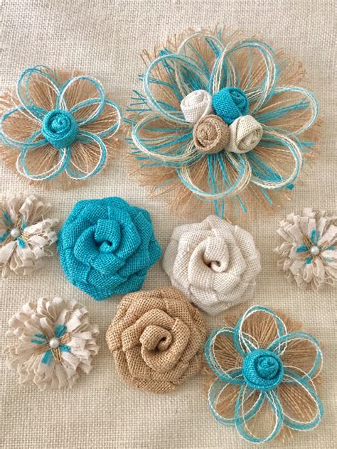 Aqua and Natural Burlap Flower Set Set of 9 Rustic Wedding Flowers ...