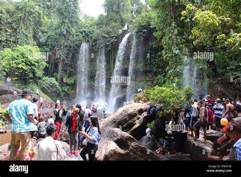 Tourists at Phnom Kulen Waterfall Stock Photo - Alamy