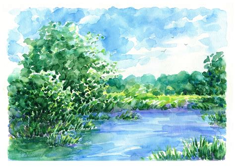 Lake Painting Original Watercolor Summer Landscape Artwork | Etsy