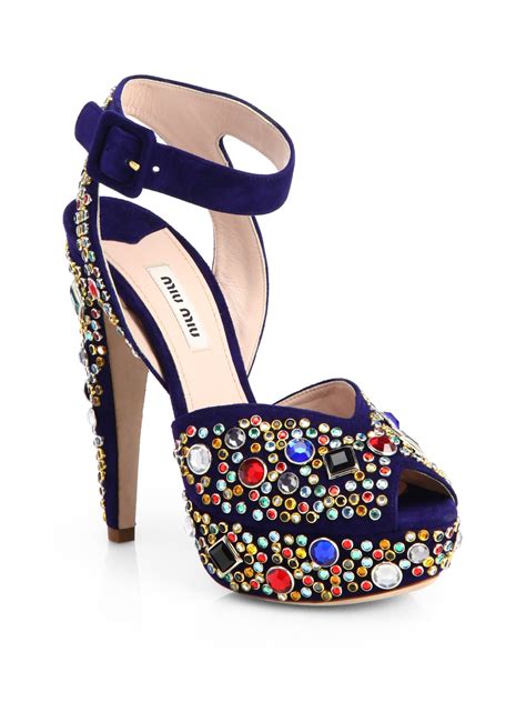 Miu Miu Donna Jeweled Suede Platform Sandals in Blue - Lyst