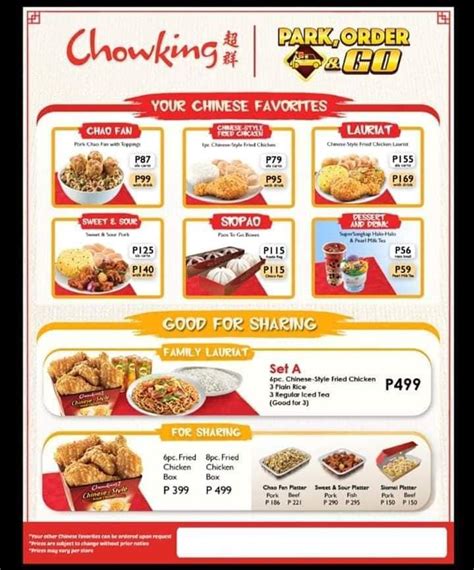 Carta del restaurante Chowking, Paniqui