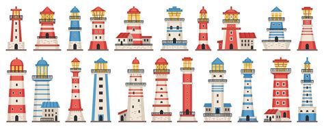 Cartoon lighthouse vector set. Searchlight flat towers of different ...