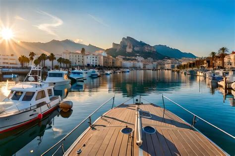 Premium AI Image | a boat in the harbor at sunset