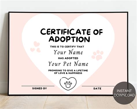 Pet Adoption Certificate Template, Editable Certificate Of Adoption ...