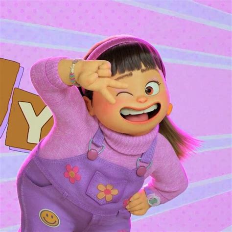 a cartoon girl with an ugly expression on her face and purple overalls ...