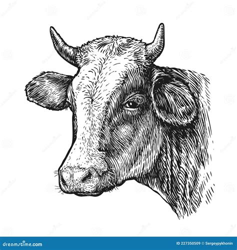 Drawing of Isolated Cow Head with Horns on White. Sketch Vintage ...