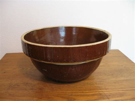 Vintage Antique Brown Glaze Pottery Crockery Mixing Bowl