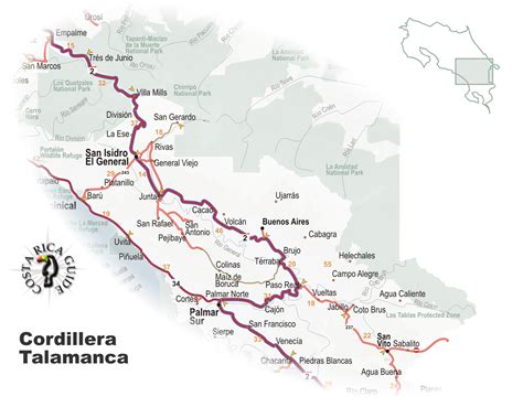 Map of the Cordillera Talamanca and Valle General Costa Rica