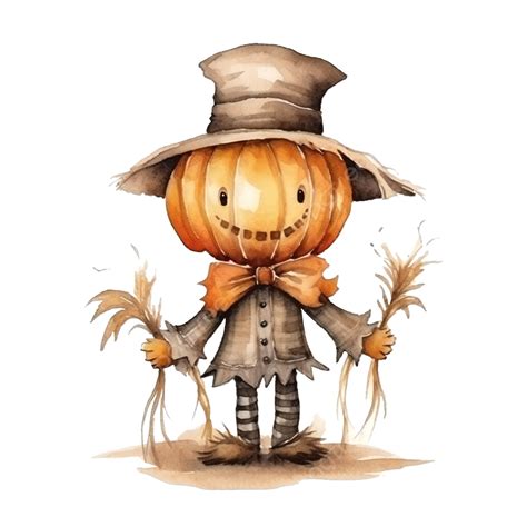 Cute Character Pumpkin Scarecrow Watercolor Illustration For Halloween ...