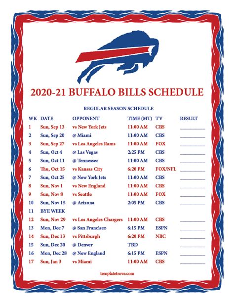 Printable 2020-2021 Buffalo Bills Schedule