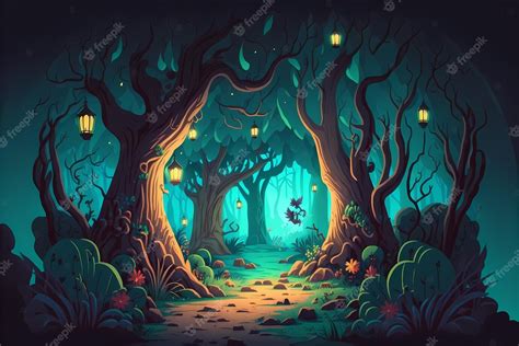 Premium Photo | Background mystical forest illustration, cartoon style ...