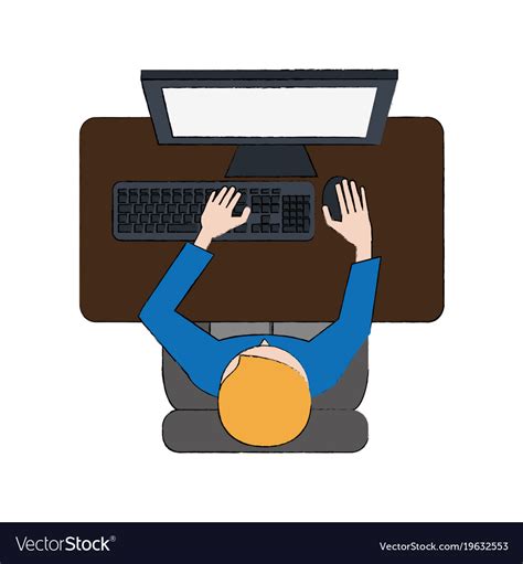 Man on desk with pc topview Royalty Free Vector Image