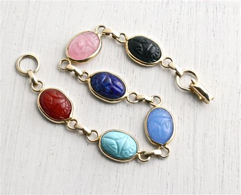 Vintage Glass Scarab Bracelet Retro Gold Tone Egyptian