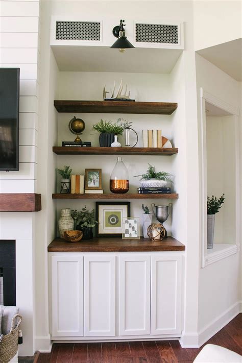 Styling the floating shelves in our modern farmhouse fireplace and ...